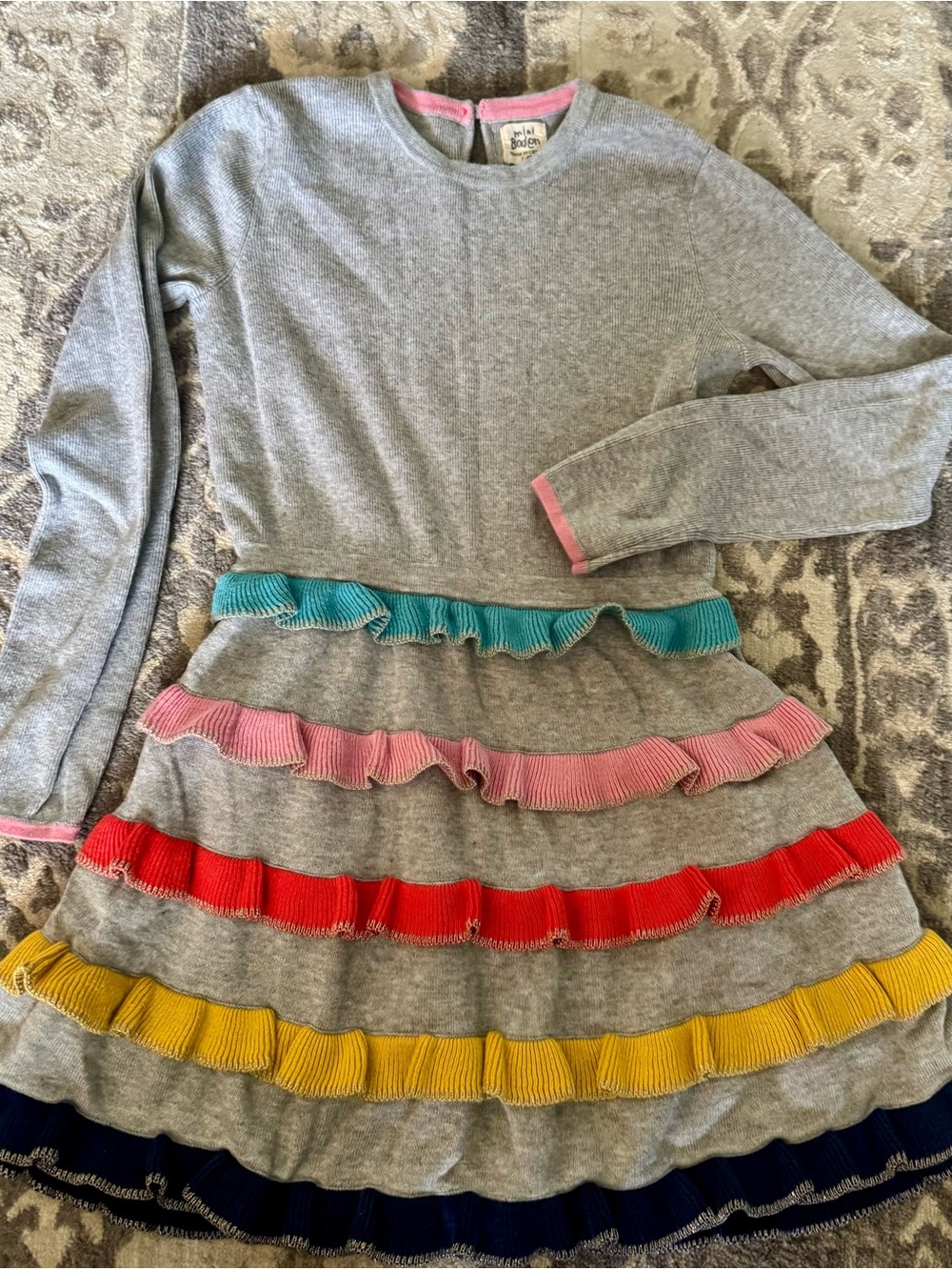 Mini Boden Girls' Gray Knit Dress with Colorful Ruffle Stripes